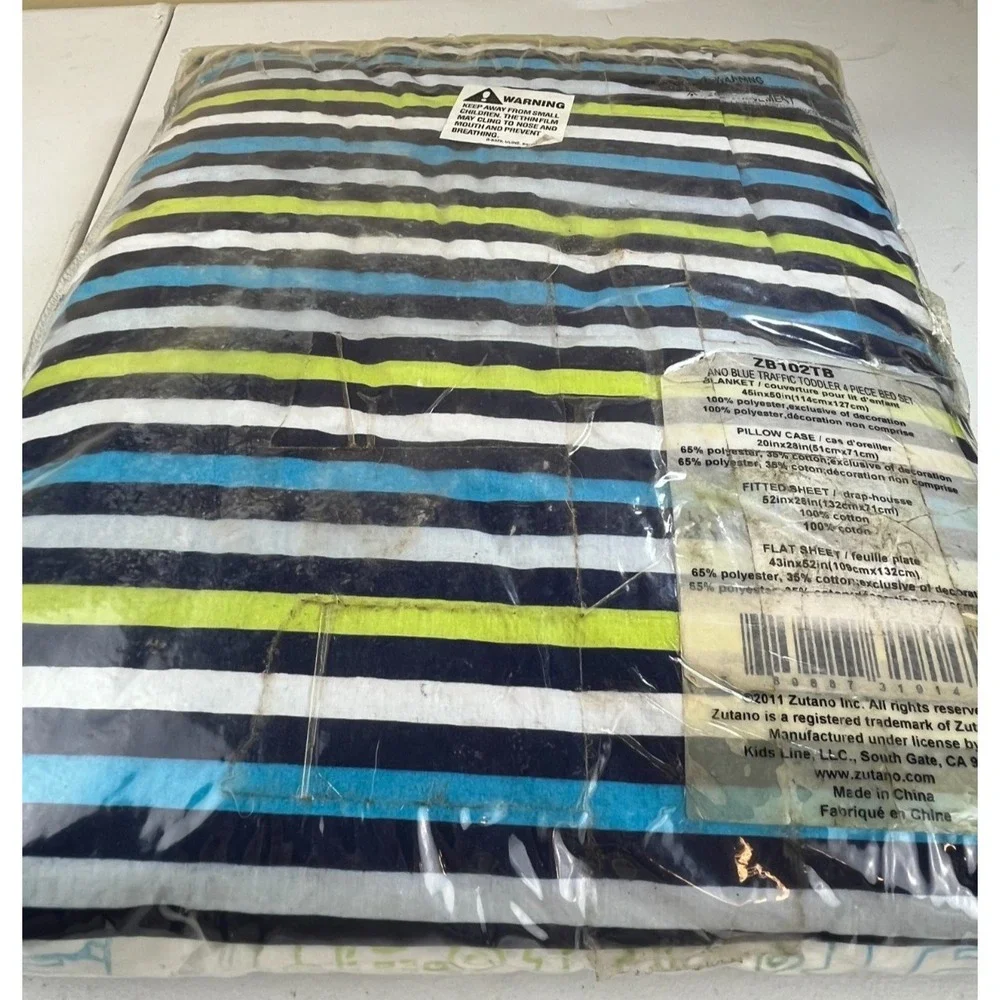 Zutano Blue Traffic Toddler Bedding Set 4 Pc Cars Trucks Blanket Sheets NIP Boys